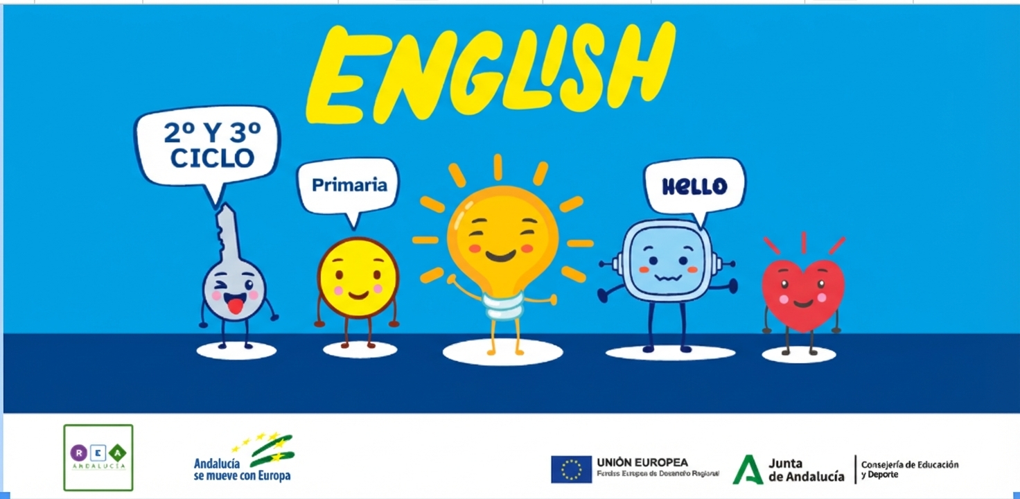 La imagen muestra la portada de los REA de inglés del primer ciclo de primaria donde aparecen Clavis, Motus, Lumen, Rétor y Kardia