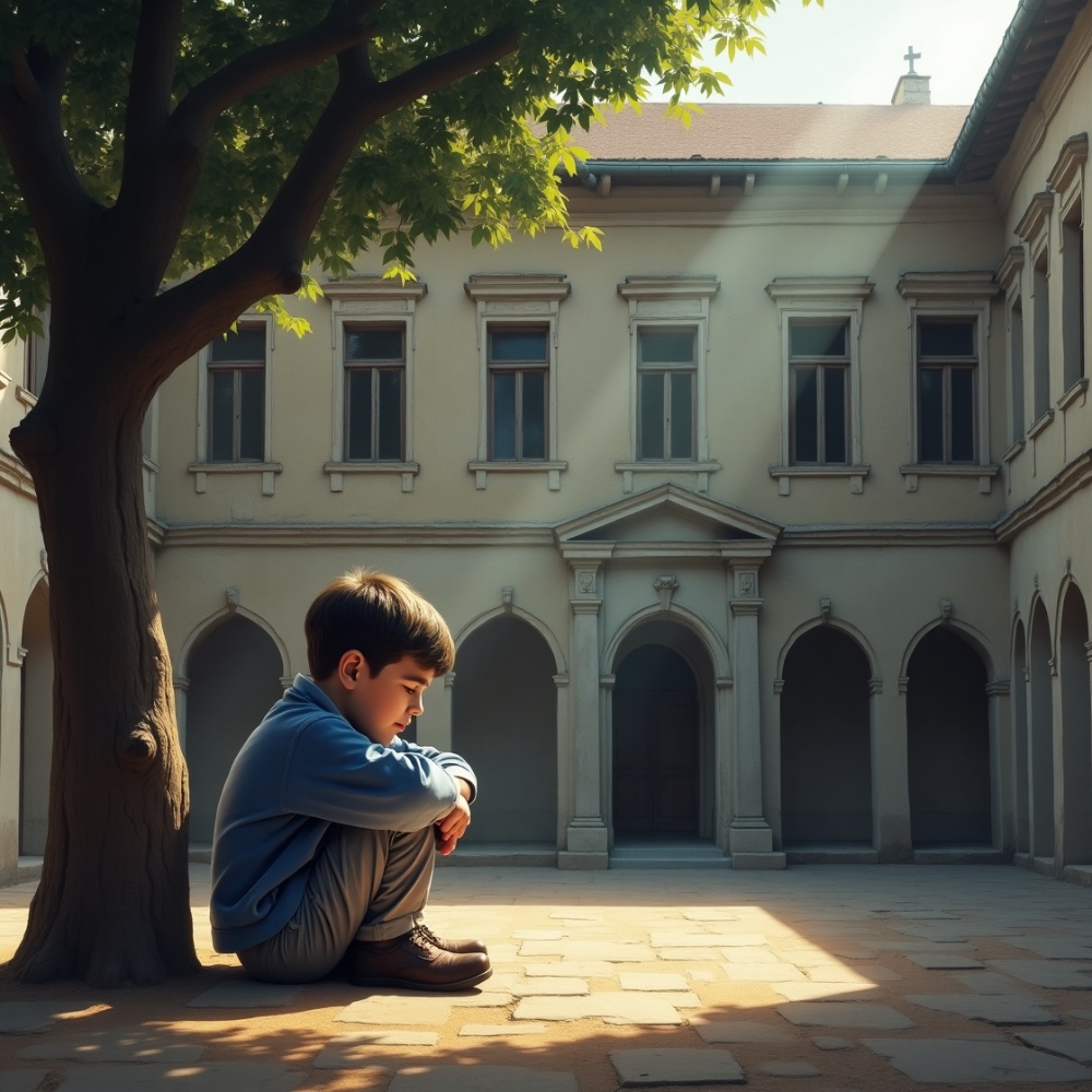 Niño sentado solo y triste en el patio del colegio.